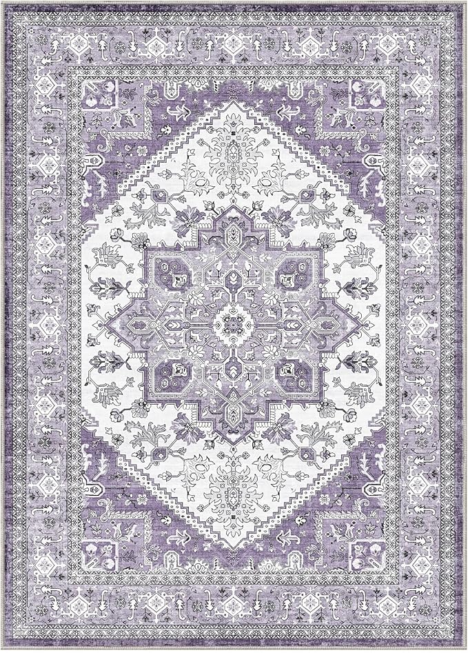 OPPODREAM Thin Area Rugs 9x12 Living Room, Washable Rugs 9x12 with Non Slip Backing, Faux Cashmere Low-Pile 9 x 12 Carpet, Purple