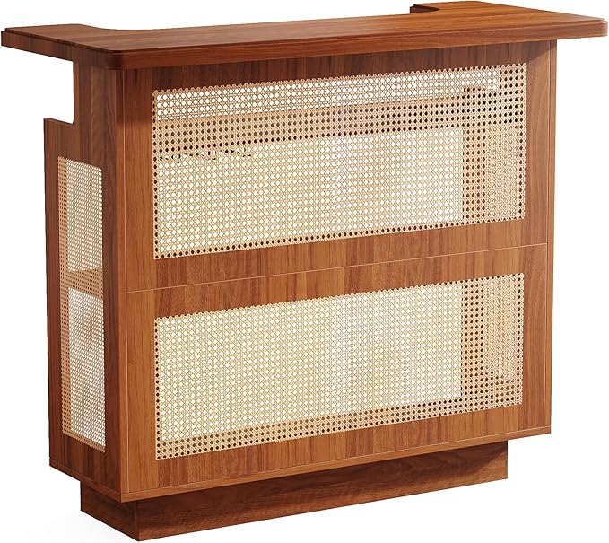 Tribesigns Rattan Home Bar Unit, Farmhouse 4-Tier Bar Table with 4 Stemware Racks and Heightened Base, Liquor Wine Bar Cabinet Mini Bar Table for Home Pub, Caramel Brown
