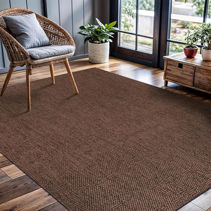 CAMILSON Easy Jute Rug 5x7, Indoor Outdoor Brown Color Fiber Area Rugs for Living Room Patio and Kitchen Rug, Solid Boho Woven Design, Easy-Cleaning, Washable Outside Carpet Alfombras (5 x 7)