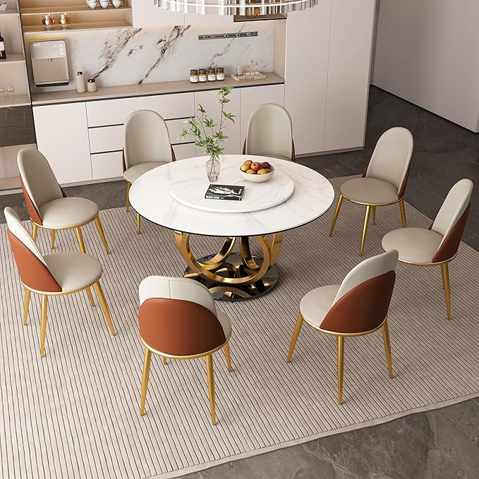 53" Round Modern Marble Dining Table with Lazy Susan, Sintered Stone Top for Kitchen, Dining Room, Dinette, Space Saving Design