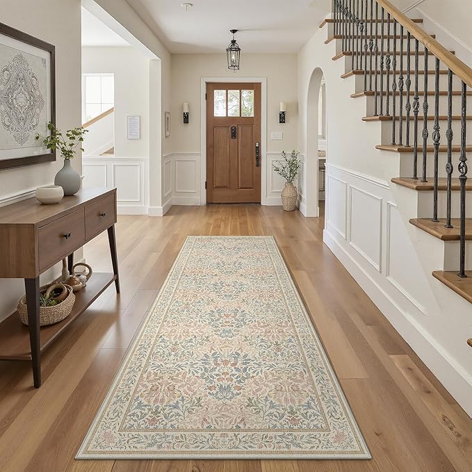 GENIMO Floral Washable Runner Rug 2’6”x8’, Non-Slip Long Hallway Carpet for Entryway, Kitchen, Indoor Floor Use, Vintage Boho Soft Thin Rug Décor, Beige Pink