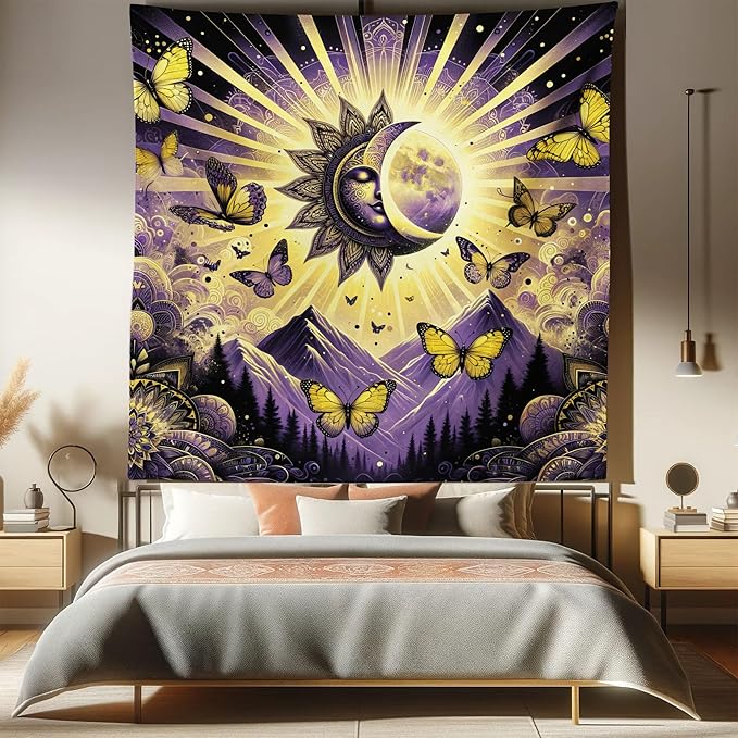 Ambesonne Boho Tapestry Queen Size, Sun and Moon Art Concept Esoteric Mountain Scene with Dancing Butterfly, Wall Hanging Bedspread Bed Cover Wall Decor, 88" X 88", Violet Mustard Dark Grey