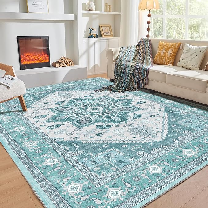 OPPODREAM Thin Area Rugs 3x5, Washable Rugs with Non Slip Backing, Low-Pile Throw 3x5 Carpet, Faux Cashmere 3 x 5 Carpet, Teal & Turquoise & Cream