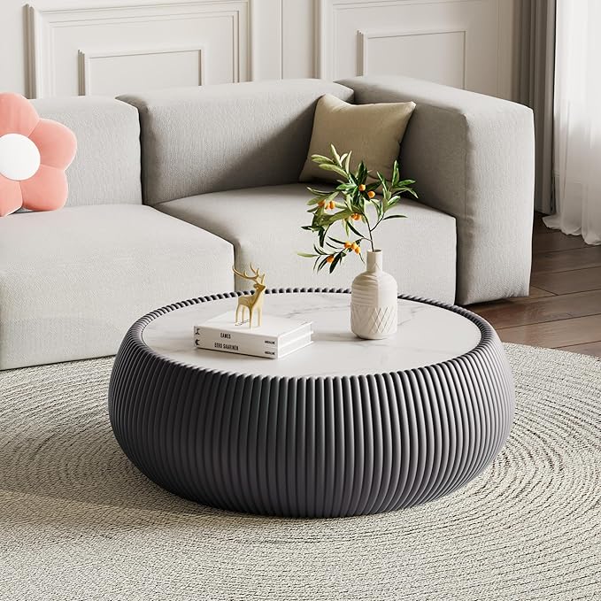 Grey Round Coffee Table with Sintered Stone Tabletop, 27.55" Drum Coffee Table with Fluted PU Leather Covered and Stable Base, Circle Cocktail Tea Table for Living Room