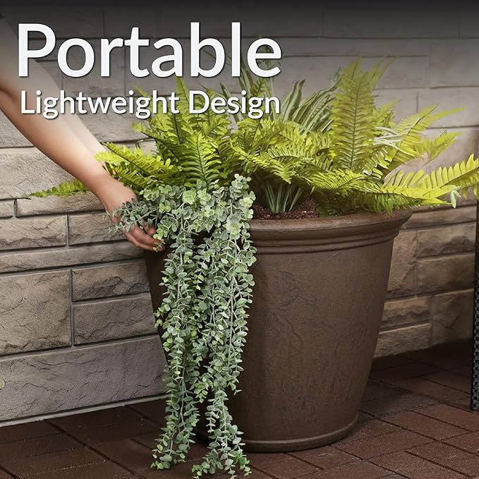 Sunnydaze 24-Inch Anjelica Large Plastic Pot for Plants - Double-Walled Outdoor Polyresin Round Planter Porch Pot with Drillable Drainage Holes - Rust
