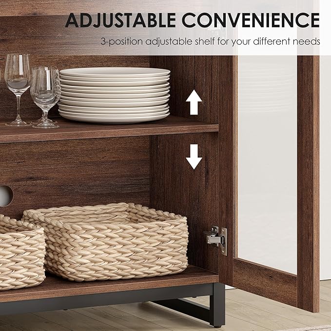 WAMPAT 4 PCS Modern 72" Tall Bookcases with Glass Doors and Adjustable Shelves, Library Book Shelf with Storage Cabinet and Open Book Shelfs, Wood Bookshelves for Home Office, Living Room, Brown