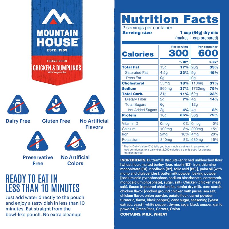 Mountain House Chicken & Dumplings | Freeze-Dried Food for Camping, 4 Servings, 30-Year Shelf-Life, 2-Pack