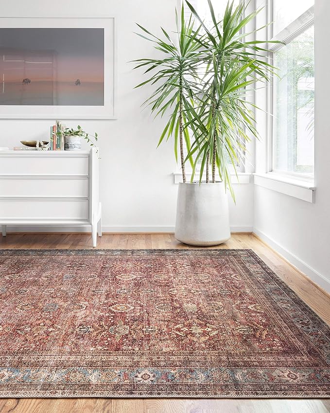 Loloi Layla Collection LAY-01 Brick/Blue 2'-0" x 5'-0" .13" Thick Accent Rug, Soft, Durable, Vintage Inspired, Distressed, Low Pile, Non-Shedding, Easy Clean, Printed, Living Room Rug