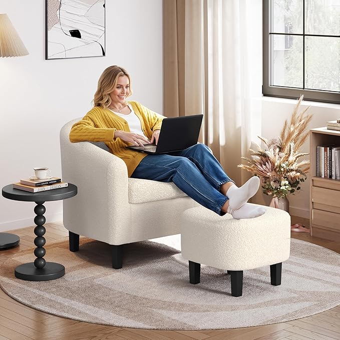 Yaheetech Accent Chair and Ottoman Set, Mid Century Boucle Fabric Barrel Chair and Comfy Fabric Footrest for Living Room/Bedroom/Reading Room, Ivory, 2 PCS