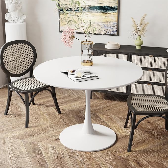 DKLGG White Round Dining Table, 39.1" Tulip Kitchen Dining Table for 4-5 People with MDF Table Top & Pedestal Base, Mid-Century End Living Room Table