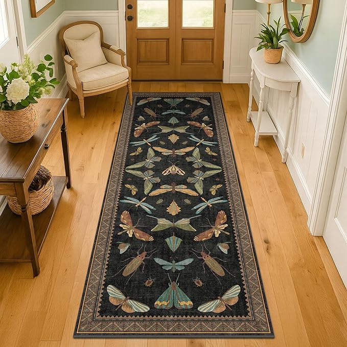 Black Insect 2'6"x10' Washable Extra Long Runner Rugs for Hallways, Non Skid Stain Resistant Wide Rug Runners for Kitchen, Entryway, Dark Floral Boho Butterfly Pattern Indoor Decor