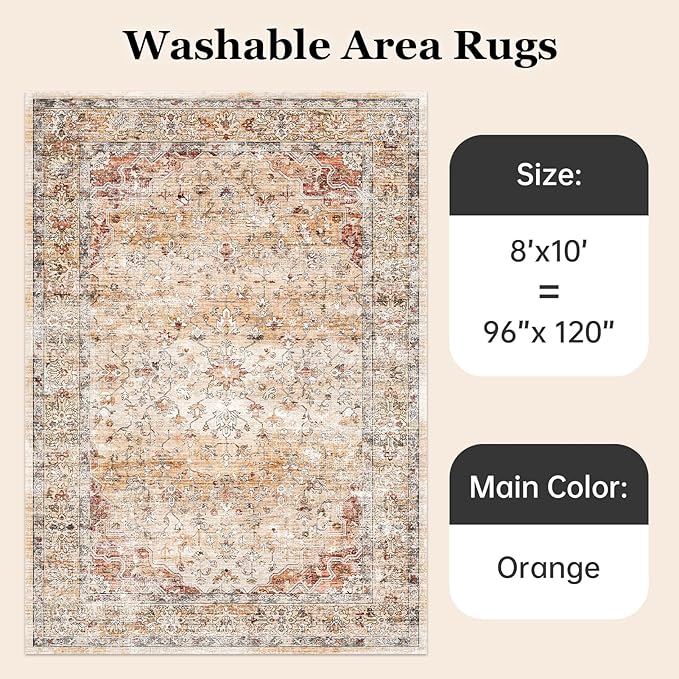 8x10 Area Rugs for Living Room Washable Non Slip Boho Modern Large Rugs Soft Faux Fur Low Pile Stain Resistant Vintage Euro Floral Big Carpet Rug for Bedroom Dining Room Family Room Fall Decor,Orange