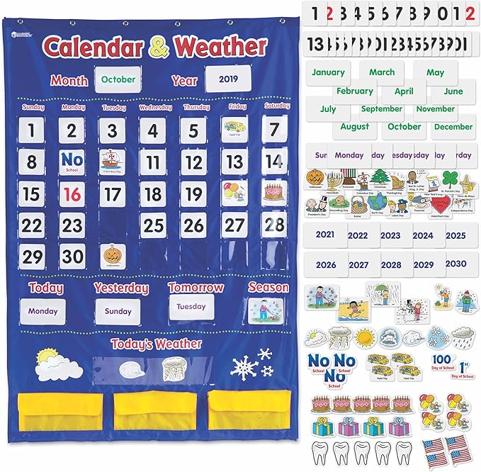 Learning Resources Calendar & Weather Pocket Chart - Classroom Must Haves, Teacher Supplies, Back To School, Daily Routine For Kids, Kindergarten and Homeschool Essentials, Vocabulary Flash Cards