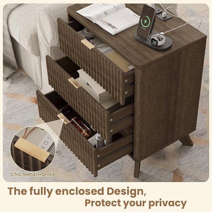 30" Tall Fluted NightStand,3 Drawers End Table with Charging Station,Modern Side Table with Storage, Night Stand Wood Bedside Tables for Bedroom,Curved Profile Design,Walnut