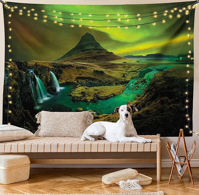 Ambesonne Aurora Borealis Tapestry, Pale Weather over the Hills Waterfall Creek Nature Landscape, Wide Wall Hanging for Bedroom Living Room Dorm, 60" X 40", Olive Green