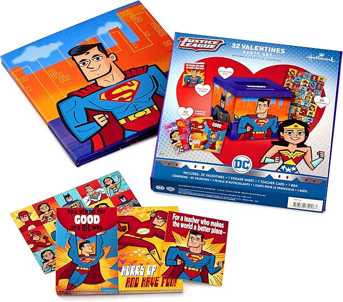 Hallmark Justice League Valentines Day Cards and Mailbox for Kids School Classroom Exchange (1 Box, 32 Valentine Cards, 35 Stickers, 1 Teacher Card)