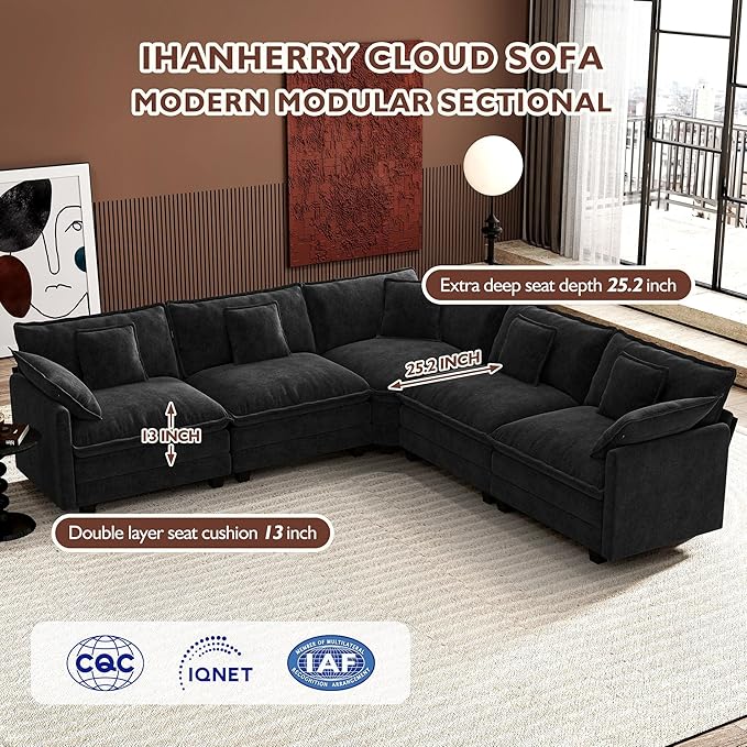 Ihanherry 114" V-Shaped Modern Sofa Modular Sectional Cloud Couch with Corner Section, 5-Seat Chenille Deep Seat Sofa with 5 Pillows for Living Room, Bedroom and Apartment, Black