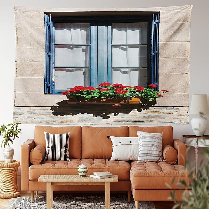 Ambesonne Country Tapestry Queen Size, Mediterranean Style Window Open Shutters Image French Urban Life Theme Print, Wall Hanging Bedspread Bed Cover Wall Decor, Queen Size, Blue Grey