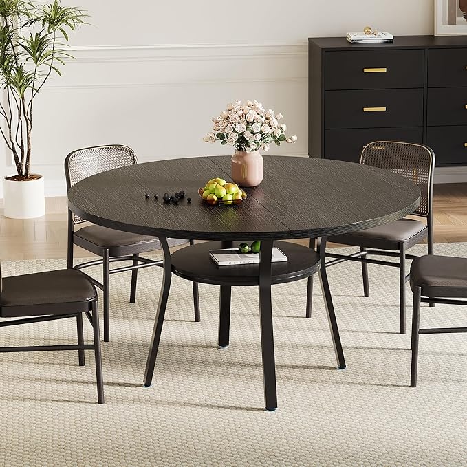 Garvee 47'' Round Dining Table for 4-6 People, Farmhouse Kitchen Dining Table, Round Dinner Table with Storage Shelf for Kitchen, Living Room (Table Only), Black