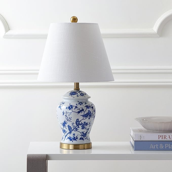 JONATHAN Y 22" Blue/White Ceramic Table Lamp, French Country Chinoiserie Ginger Jar LED Bedside Lamp for Living Room Bedroom, White Linen Shade, JYL3005A