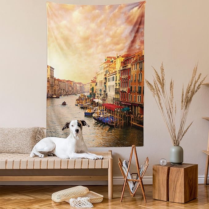 Ambesonne Scenery Tapestry, Venezia City Italian Landscape with Old Houses Gondollas and Spikes Image, Wall Hanging for Bedroom Living Room Dorm Decor, 60" X 80", Orange Yellow