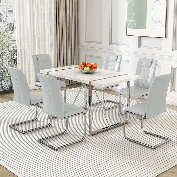 Modern Rectangular Dining Room Table & Chairs Set, PU Leather Upholstered, 55" Dinner Table for Kitchen & Dining Room