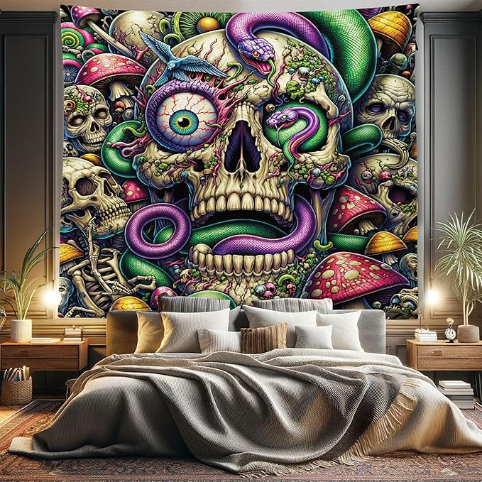 Ambesonne Trippy Tapestry King Size, Spooky Artwork of Psychedelic Snake Mushroom Huddles Skulls Monster Eye, Wall Hanging Bedspread Bed Cover Wall Decor, 104" X 88", Green Purple Pale Khaki