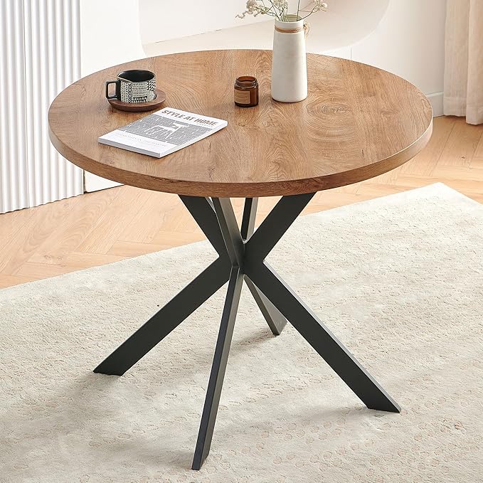 Dining Table Set for 4, Modern 5-Piece Kitchen Table Set, 37" Round MDF Living Coffee Table with 4 Seated Green Boucle Dining Chairs Upholstered, Metal Legs for Dining Hall, Living Room