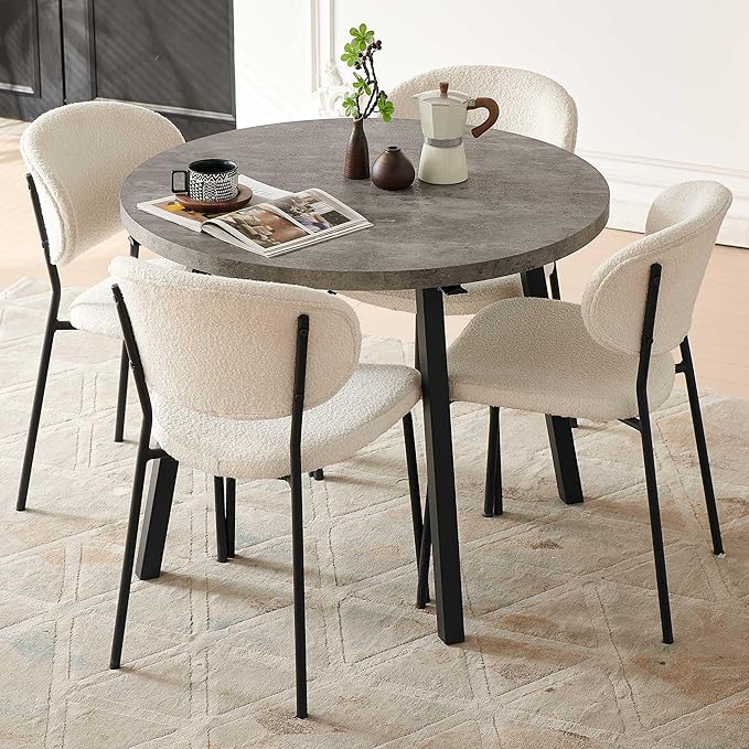 Modern Dining Table Set for 4, Industrial Kitchen Table Set, 37" Round MDF Living Coffee Table with 4 Seated Boucle Dining Chairs Upholstered, Metal Legs for Dining Hall, Living Room