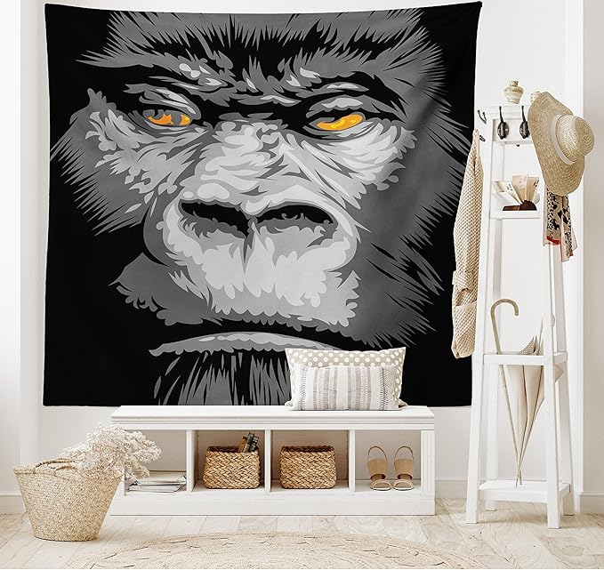 Ambesonne Modern Tapestry Twin Size, Close up Gorilla Portrait with Orange Eyes Zoo Jungle Animal Wild Money Graphic, Wall Hanging Bedspread Bed Cover Wall Decor, 68" X 88", Grey Marigold
