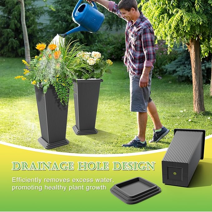 Set of 4 24" Tall Plastic Planters with Trays, Large Tapered Plant Pots for Indoor Outdoor Use, Modern Decorative Planters for Porch, Patio, Garden, and Backyard