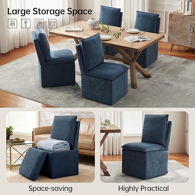 VKNOW Upholstered Dining Chairs Set of 2, Modern Rolling Chairs with Storage and Wheels, Linen Armless Chair with Cushion and Backrest, Dining Room Chairs for Living Room Kitchen Bedroom, Nav