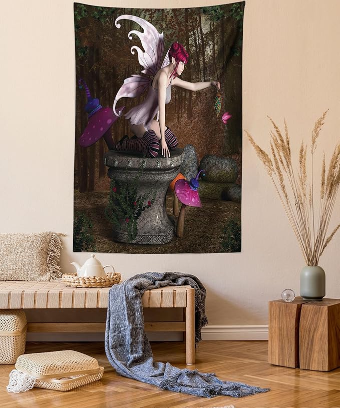 Ambesonne Tale Tapestry, Dimensional Mythical Creature Design Artifact on Pedestal Forest Print, Wall Hanging for Bedroom Living Room Dorm Decor, 40" X 60", Red Purple Grey