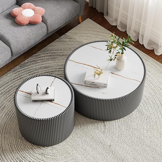 Round Coffee Table Set with Sintered Stone Tabletop, 29.52" Grey Drum Center Table and 17.71" Grey Coffee Table Set, 2 Pieces Living Room Table Set with Fluted PU Leather Cover& Stable Base