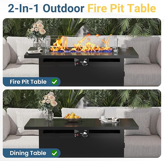 FansaFurn 43'' Propane Fire Pit Table, 50000 BTU Gas Fire Pits Table with Removable Lid and Lava Rock, Rectangular Fire Table with Cover, Ideal for Dining or Party on Patio, Garden, Yard, Black