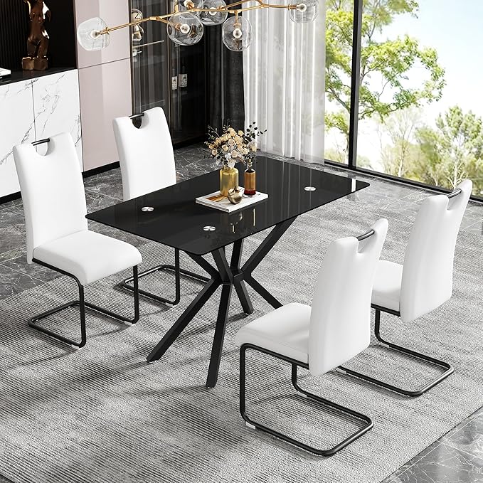 47.2" Black Glass Dining Table, Modern Kitchen Table for 4 People, Contemporary Rectangular Dining Room Dinner Tables with Black Glass Top & Black Metal X Legs for Kitchen Apartment