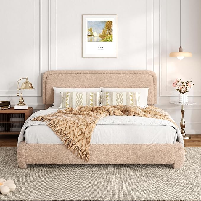 King Size Bed Frame with Headboard Adjustable, Boucle Upholstered Platform King Bed Frame, Anti-Collision Soft Rounded Corners, No Box Spring Needed, Noise-Free, Easy Assembly, Brown