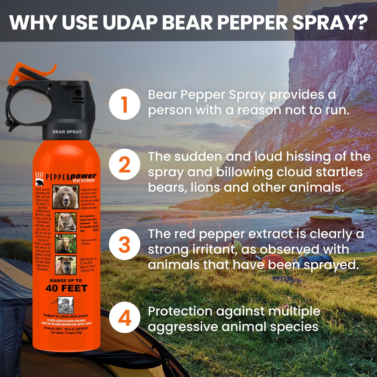 UDAP Pepper Power Bear Spray Self Defense Deterrent with Holster for Camping, Hiking, Fishing, Powerful Blast Pattern, 30 ft Fog Barrier, Safety Orange, SO2, 7.9 oz, 2 Pack