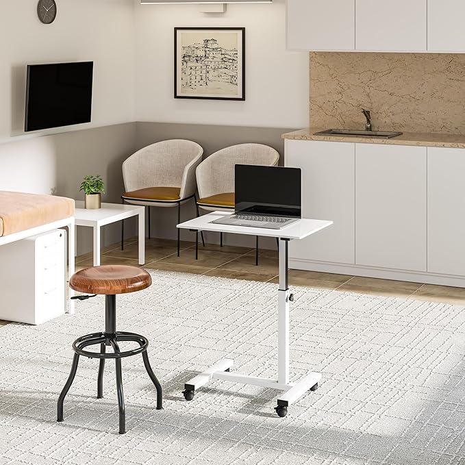 Seville Classics Solid-Top Height Adjustable Mobile Laptop Computer Desk Cart Ergonomic Home Office Stand Rolling Table, Overbed (23.6"), White