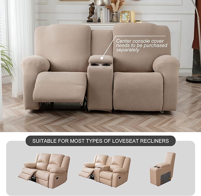 Genina Recliner Loveseat Covers, Stretch Reclining Sofa Covers, 2 Seater Couch Cushion Stripe Jacquard Recliner Slipcovers - Furniture Protector Covers for Pet Kid (Taupe)