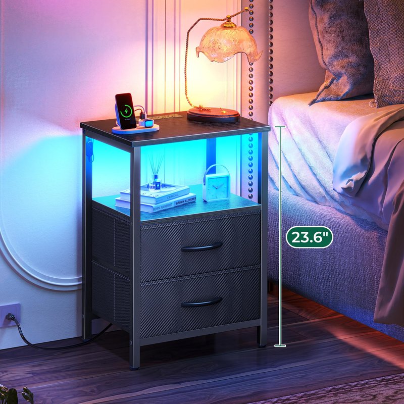 Huuger Night Stand with Charger Station and LED Lights, 2 Drawer Nightstand, Bed Side Table with Open Shelf, End Table, Fabric Drawers for Bedroom, Black