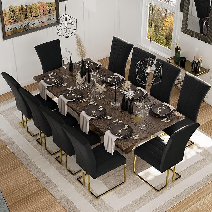 AUZ Dining Chairs Set of 6, Black and Gold Velvet Upholstered Dining Chairs with High Back and Polished Stainless Steel Sled Legs