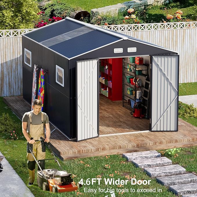Restland 10x12 FT Outdoor Storage Shed Reinforced Frame Metal Shed with Clear Roof, Air Vent & Lockable Door Large Garden Tool Storage Sheds for Backyard, Garden, Lawn