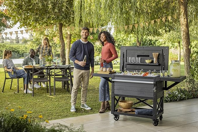 Keter Outdoor Rolling Patio Cooler and Insulated Beverage Cart 89.8 Quart Capacity with Fold Down Shelf for Glassware with Built in Bottle Opener