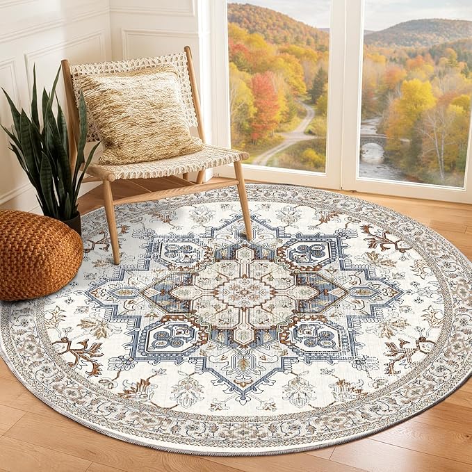 OPPODREAM Thin Round Rug 5ft, Neutral Washable Circle Rug 5ft with Non Slip Backing Play Room, Low-Pile Carpet 5 ft, Faux Cashmere Throw Carpet, Cream White & Blue & Light Brown
