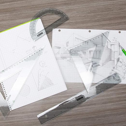 BAZIC Products Math Geometry Set 4 Pieces, Protractor, 12" Ruler, 2 Triangle Rulers, Plastic Clear Measuring Sets for Students School Supplies, 24-Packs