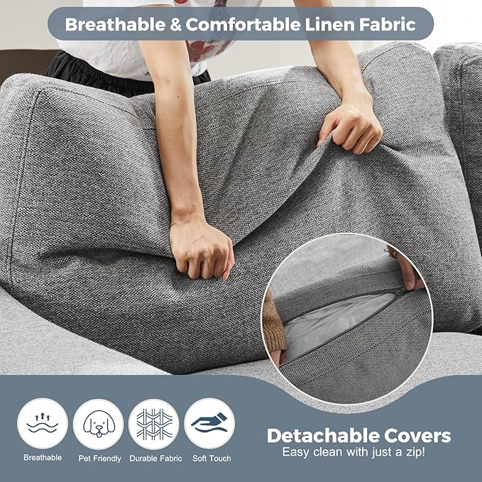 ABCASA 112" Convertible Sectional Sofa, Large L Shaped Couch with Detachable Sofa Cover, Modular Couch for Living Room, Breathable Linen Fabric Corner Sofa for Apartment, Grey