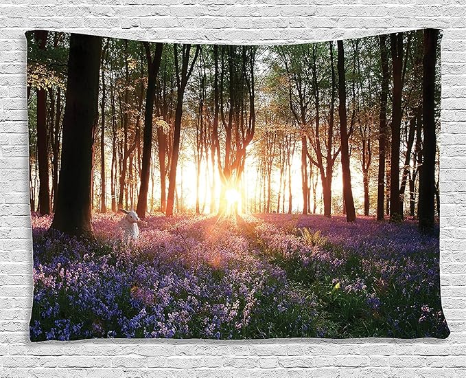 Ambesonne Forest Tapestry, Bluebell Woods Sunrise with White Rabbit Sunny Spring Day in Woodland, Wide Wall Hanging for Bedroom Living Room Dorm, 60" X 40", Green Purple