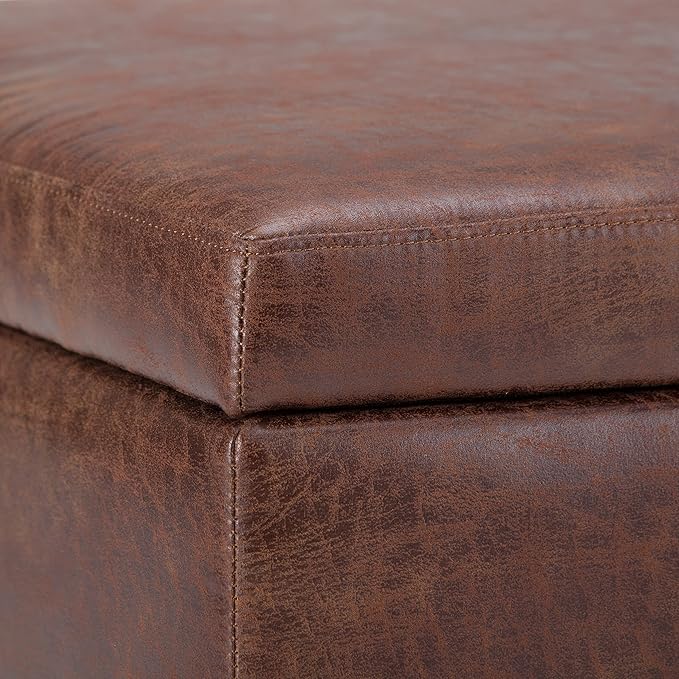 SIMPLIHOME Owen Coffee Table Storage Ottoman - 34 inch Wide Upholstered Vegan Leather Rectangular Lift-Top Ottoman in Distressed Saddle Brown, Mid-Century Bench for Living Room with Tapered Legs