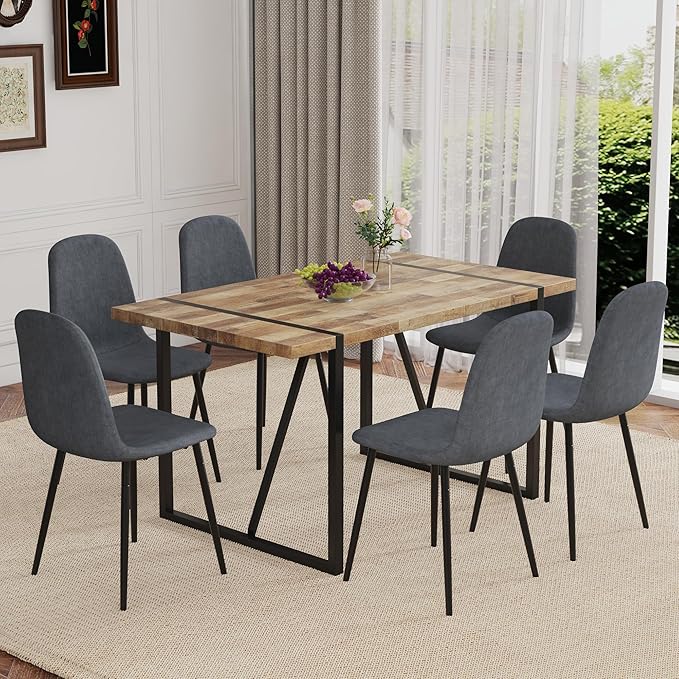 7 Piece Dining Table Set，Dinner Table Set for 6，55'' Kitchen Table and PU Leather Chairs Set of 6，6 Chair Dining Table Set for Kitchen Dining Room